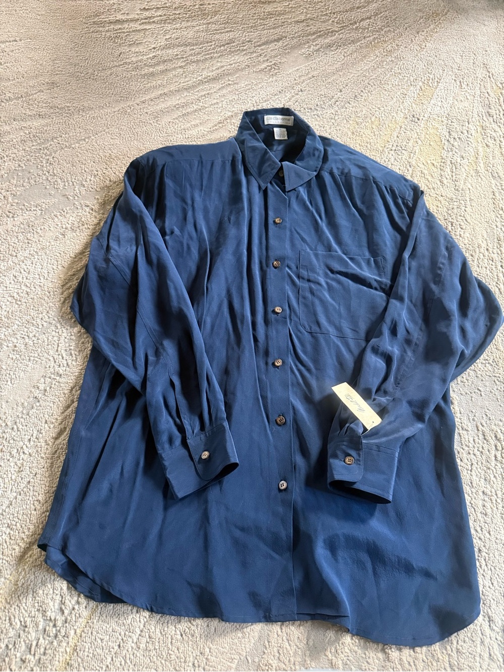 Vintage navy blue silk blouse button front shoulder pads size 14 new